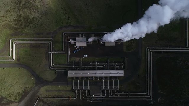 Aerial view of a geothermal power plant in Iceland, shot with a drone 