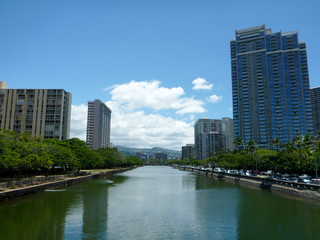 Fototapeta na wymiar Ala Wai Canal in Waikiki surrounded by tall buildings and trees