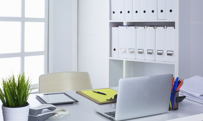 Workspace presentation mockup, Desktop computer and office supplies on marble desk