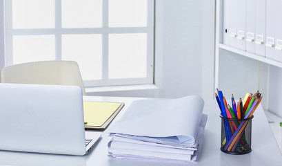 Workspace presentation mockup, Desktop computer and office supplies on marble desk