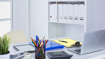 Workspace presentation mockup, Desktop computer and office supplies on marble desk