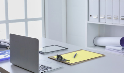 Workspace presentation mockup, Desktop computer and office supplies on marble desk