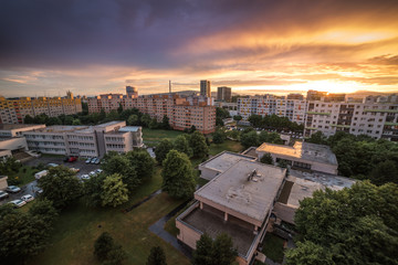 Fototapeta na wymiar Beautiful Colorful Sunset over Housing Estate. Petrzalka, Bratislava, Slovakia.