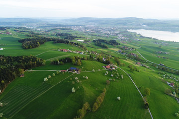 Swiss Midlands with lake Sempach and hilly Landscape in Central Switzerland