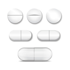 Realistic pills in any shapes and forms. Vector set of oval, round and capsule shaped tablets. Medicine and drugs
