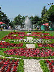 a flower alley with bright flower beds and a large fountain in a green park under a blue cloudless sky. place for rest and walking