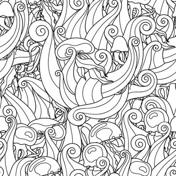 Doodle seamless pattern with waves and jellyfish. Sea texture for coloring book or design. Easy to change colors. Vector illustration.