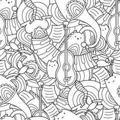 Vector doodle seamless pattern with cute cats and musical instruments. Kawaii animals with guitar, trumpet and piano.