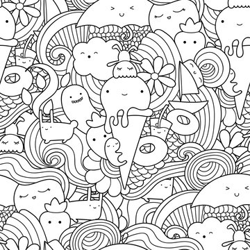 Vector doodle seamless pattern with ice cream, fruits and waves. Summer pattern for coloring book or design print.