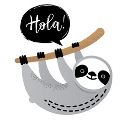 Cute vector sloth bear animal says Hola © Polina Elyutina