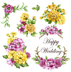 Watercolor botanical illustration Yellow and Pink flowers leaves