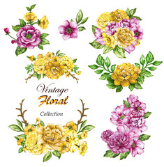 Watercolor botanical illustration Yellow and Pink flowers leaves