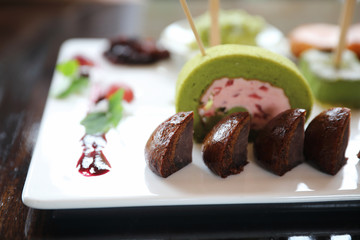 Japanese dessert mix on wood background