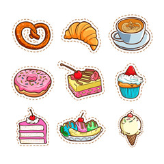 cute sticker coffee, cake, ice cream and bakery vector