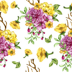 Seamless floral bouquet pattern with Flower pink and yellow, watercolor