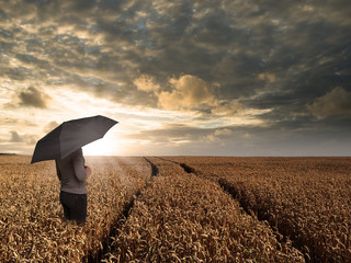 Frau mit Schirm bedauert Dürre und Trockenheit in der Landwirtschaft © Biewer_Jürgen