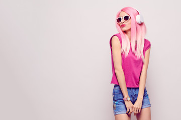 DJ Girl Hipster with Pink Fashion Hairstyle Dance.