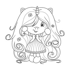 Cute baby unicorn with super long hair with flowers, coloring page for girls. Vector. © trikenirreligious