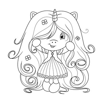Fototapeta Cute baby unicorn with super long hair with flowers, coloring page for girls. Vector.