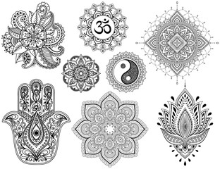 Big set of Mehndi flower pattern, mandala, mantra OM, Yin-yang symbol and Hamsa for Henna drawing and tattoo. Decoration in ethnic oriental, Indian style. - obrazy, fototapety, plakaty
