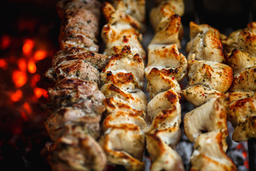 kebabs or bbq are roasted on the grill