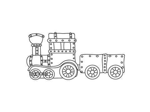 Retro steampunk train children  coloring page isolated on white