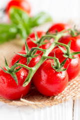 Cherry tomatoes on a branch with drops of water, macro, close up, delicious fresh harvest. Organic food