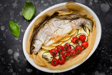 Baked whole white trout fish in ceramic baking dish with zucchini, cherry tomatoes on branch, rosemary and lemon. Tasty healthy diet food