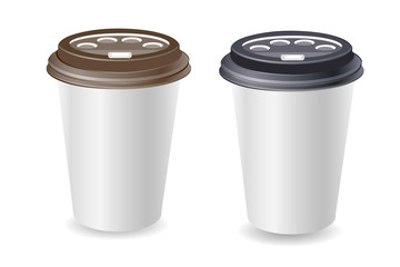 Paper blank coffee cup. Plastic and carton black and brown coffee or tea cup mock Up. Isolated on white background. Vector