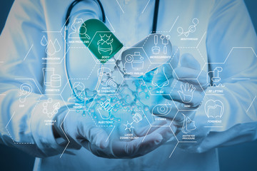 scientist doctor hand holds virtual molecular structure