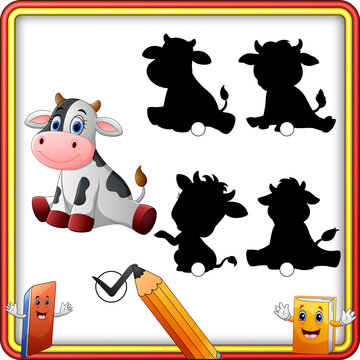 Find the correct shadow. Cute baby cow sitting. Education Game for Children