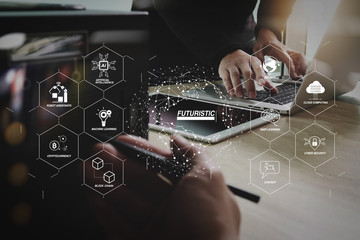 Business team meeting present. Photo professional investor working with new startup project. Finance managers meeting.Digital tablet laptop computer design smart phone using, compact server foreground