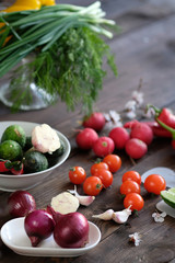 fresh vegetables on old rustic wooden table