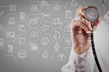 Health care and medical services concept with flat line AR interface.smart medical doctor working with stethoscope.