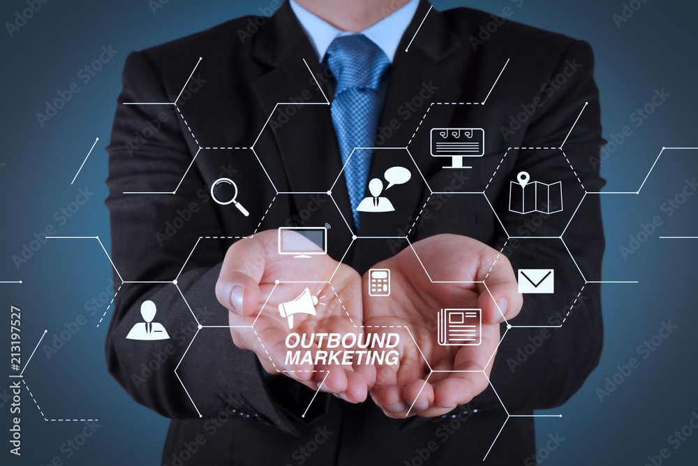 Poster business man with an open hand as showing something