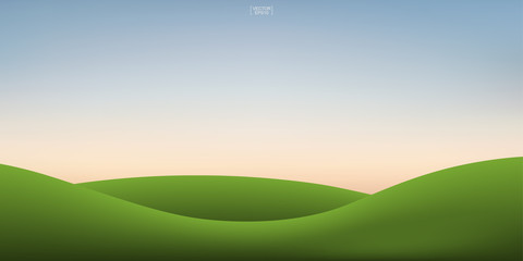 Obraz premium Green grass hill and sunset sky background. Outdoor natural background for template design. Vector.