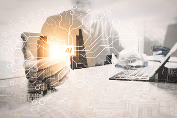 designer using smart phone and keyboard dock digital tablet.Worldwide network connection technology interface.on marble desk,sun flare effect