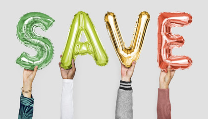 Hands showing save balloons word