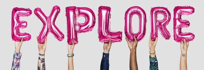 Hands showing explore balloons word