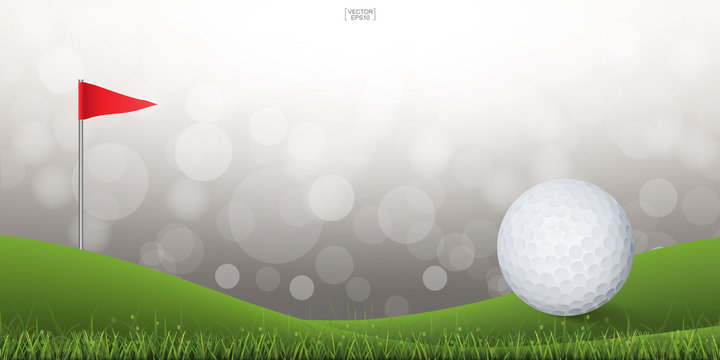 Golf ball on green hill of golf court with light blurred bokeh background. Vector.