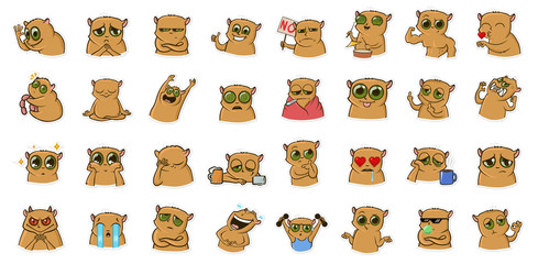 Sticker for messenger with funny hamster character. Emoticons, emoji for chats. Colorful cartoon sticker set. Line vector illustration. Isolated on white background.