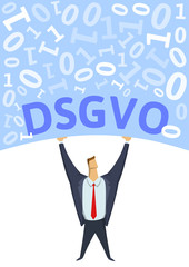 GDPR, General Data Protection Regulation. Strong man holding bulk of digital data above his head on white background. Flat vector illustration. Vertical.