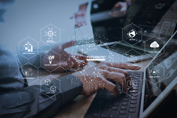 Business team meeting present. Photo professional investor working with new start up project. Digital tablet laptop computer design smart phone using, keyboard docking screen foreground,sun flare