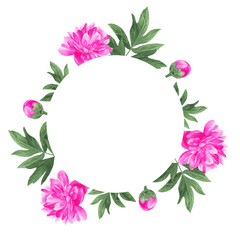 Round floral frame. Pink peony. Watercolor hand drawn illustration