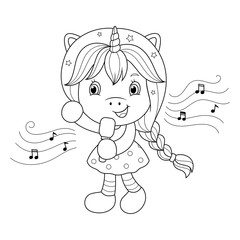 Singing unicorn girl with microphone. Coloring page for girls. Vector.