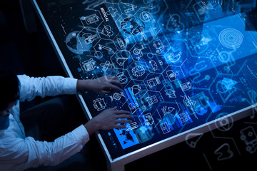 Health care and medical services concept with flat line AR interface.smart medical doctor working with stethoscope and new modern computer.