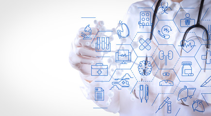 Health care and medical services concept with flat line AR interface.smart medical doctor working with stethoscope.