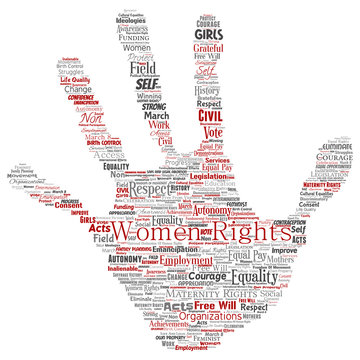 Vector conceptual women rights, equality, free-will hand print stamp word cloud isolated background. Collage of feminism, empowerment, opportunities, awareness, courage, education, respect concept