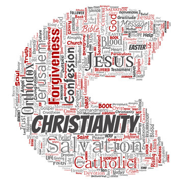 Vector conceptual christianity, jesus, bible, testament letter font C red  word cloud isolated background. Collage of teachings, salvation resurrection, heaven, confession, forgiveness, love concept
