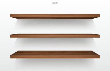 Empty wood shelf on white background with soft shadow. 3D empty wooden shelves on white wall. Vector.